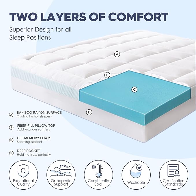 ELEMUSE Twin XL Size Dual Layer 3 Inch Memory Foam Mattress Topper for Pressure Relief, Breathable Pillow Top Mattress Pad with Deep Pocket, Enhanced Support, Non-Slip Design & Removable & Washable