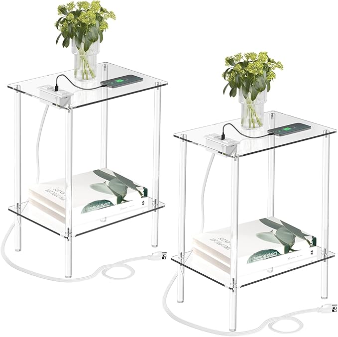 Eglaf Acrylic Side Table Set of 2 with Charging Station & USB Ports - Small End Table - Nightstand Bedside Table for Living Room, Bedroom - 15.7'' L x 11.8'' W x 21.7'' H, 2 Tier