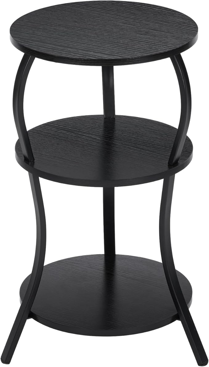 Vintage Small Round Side Table, 3-Tier Slim Waist Circular End Table with Storage Shelf, Compact Tea Sofa Side Table, Round Corner Coffee Table Nightstand for Living Room Bedroom Small Spaces,Black