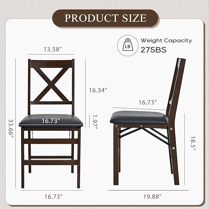 COLAMY Folding Dining Chairs Set of 4 – Dark Brown Wooden Dining Room Chairs, Pre-Assembled, Space Saving Kitchen & Dining Room Furniture, Mid Century Rustic Style, Indoor Outdoor Use