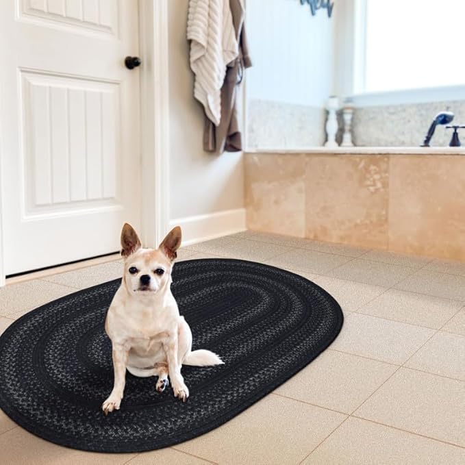 Jet Black Braided Oval Rug 27x45 - Primitive Braided Rugs for Kitchen, Entryway & Bathroom