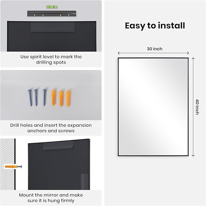 Melodieux Wall Vanity Bathroom Mirror for Over Sink, 30"x40" Rounded Rectangle Metal Deep Frame Wall Mounted Mirror Wall Decor for Living Room Hallway, Black