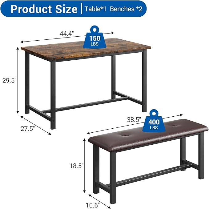 Garvee Dining Table with 2 Benches, Kitchen Table with 2 Upholstered Benches Rectangular Space Saving for Apartment, Dining Room, Kitchen, 44.5 Inches Large, Rustic Brown