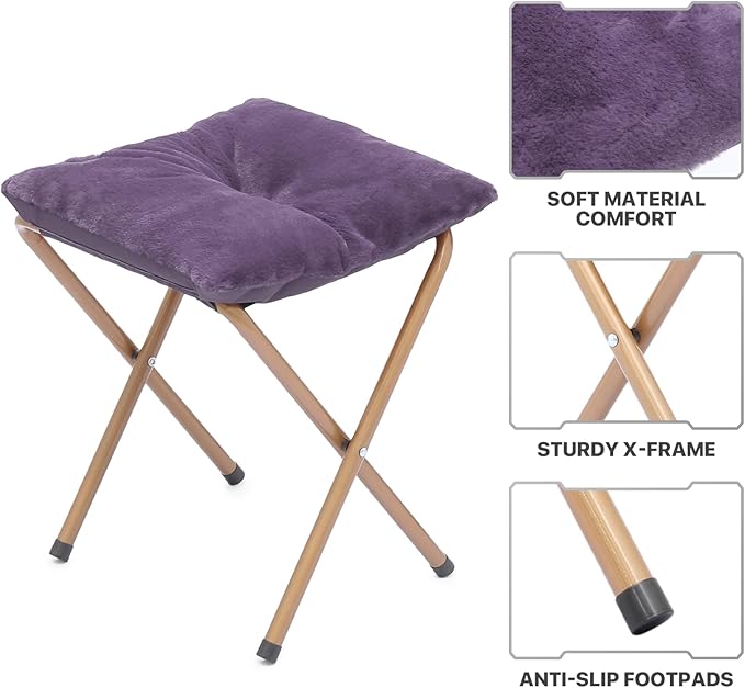 MoNiBloom Round Folding Faux Fur Saucer Chair for Bedroom Living Room Dorm Foldable Metal Frame Oversized Large Comfy Furry Padded Soft Cozy Moon Chair with Footrest Ottoman for Adults (Purple)