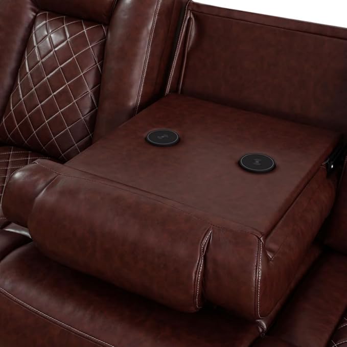 Electric Power Recliner Sofa Living Room Furniture, Comfy Home Theater Breathing Leather Seating with USB 2.0 Charging Ports, LED Light Strips, Fold-Down Table & Wireless Charging Device (Red)