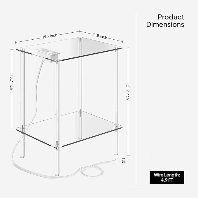 Eglaf Acrylic Side Table with Charging Station & USB Ports - Small Nightstand Bedside Table End Table for Living Room, Bedroom - 15.7'' L x 11.8'' W x 21.7'' H, 2 Tier