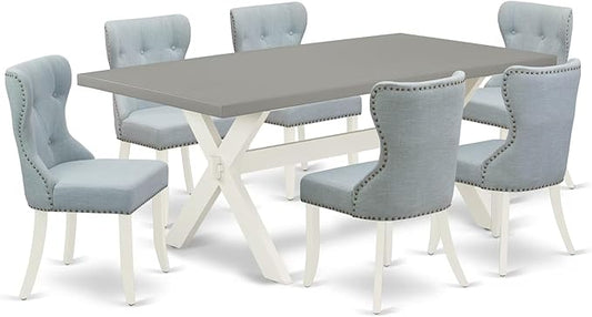 East West Furniture X097SI215-7 7 Piece Dining Table Set Consist of a Rectangle Kitchen Table with X-Legs and 6 Baby Blue Linen Fabric Parson Dining Room Chairs, 40x72 Inch, Multi-Color