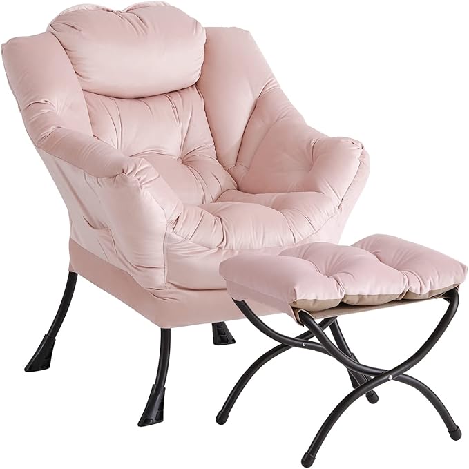 LITA Lazy Chair With Ottoman, Modern Accent Leisure Upholstered Sofa, Contemporary Lounge Reading With Armrests and Side Pocket for Living Room, Bedroom & Small Space, Pink