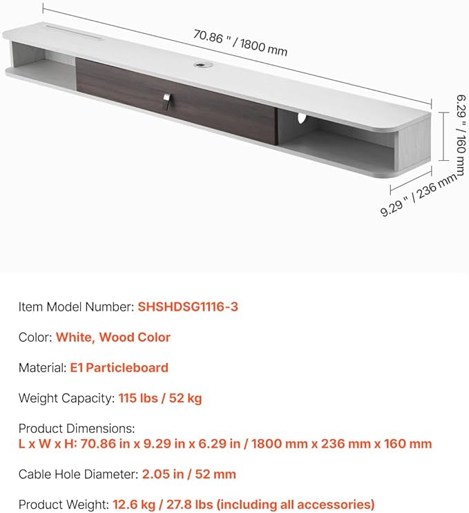 VEVOR Floating TV Stand, 70'' Wall Mounted TV Console Modern Floating Entertainment Center Under TV Shelf with Storage Cabinet, for Bedroom & Living Room, White