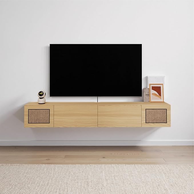 Pmnianhua Boho Floating TV Stand 55", Modern Wall Mounted Media Console with Cotton-Rayon Doors for Under TV Shelf,Entertainment Center,Living Room,Bedroom(Natural)