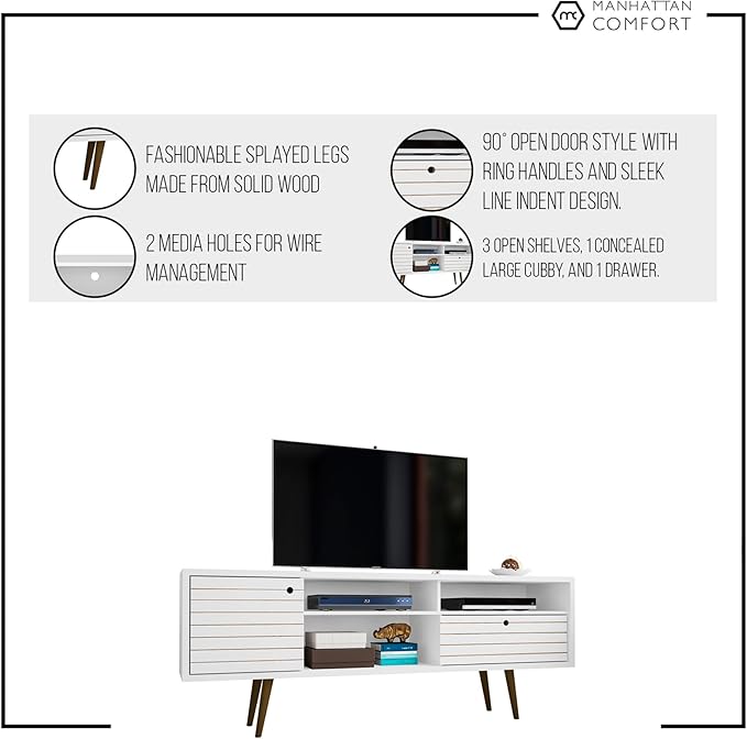 Manhattan Comfort Liberty Mid Century Modern TV Stand for Televisions up to 65 Inches, Bedroom and Living Room Entertainment Center with Storage, Shelves, and Cabinet, 71" Wide, Rustic Brown/White