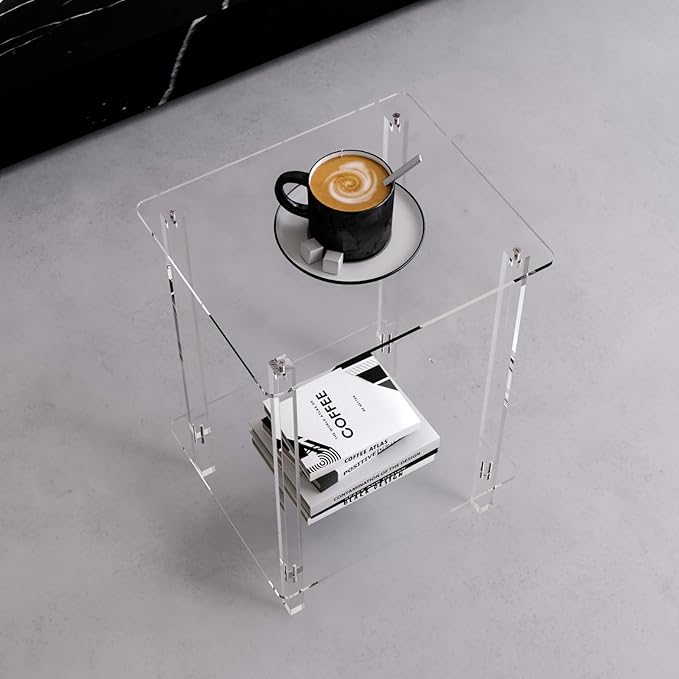 Eglaf Acrylic Small Side Table with Square Leg - 13.4'' L x 11.5'' W x 19.6'' H - Small Nightstand Bedside Table 2-Tier Clear End Table for Living Room, Bedroom
