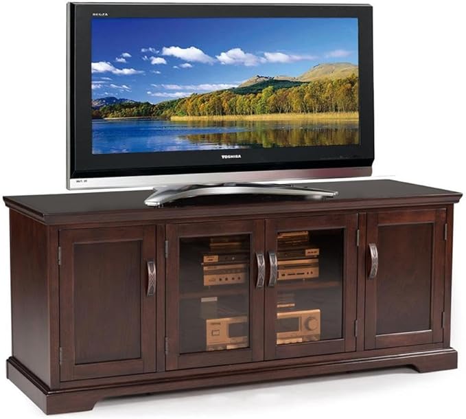 Leick Home 81360 Iverson Three Door TV Stand for 65 Inch TVs, 60 Inch, Chocolate Cherry Brown, Hardwood with Bronze Glass, Adjustable Shelves, Wood Entertainment Console