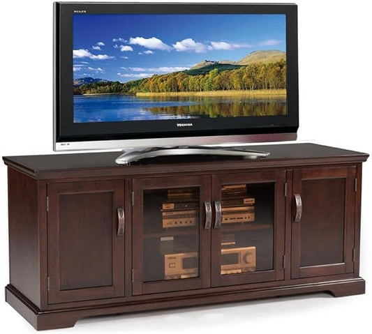 Leick Home 81360 Iverson Three Door TV Stand for 65 Inch TVs, 60 Inch, Chocolate Cherry Brown, Hardwood with Bronze Glass, Adjustable Shelves, Wood Entertainment Console