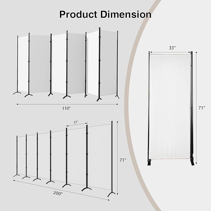 Room Divider 6-Panel Privacy Screen, Portable Screen Steel Frame with Hook&Loop for Home, Office, Classroom, Studio, Meeting (White)