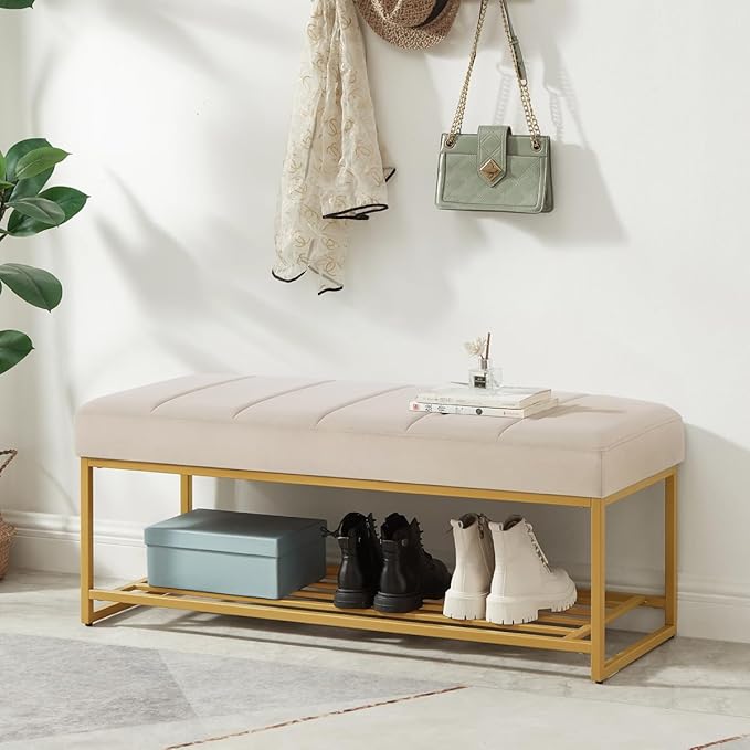 24KF Taupe Velvet Upholstered End of Bed Bench with Metal Shelf, Modern Tufted Channel Entryway Bench Footboard Bench for Living Room, Bedroom, Gold Bench,5036-Taupe