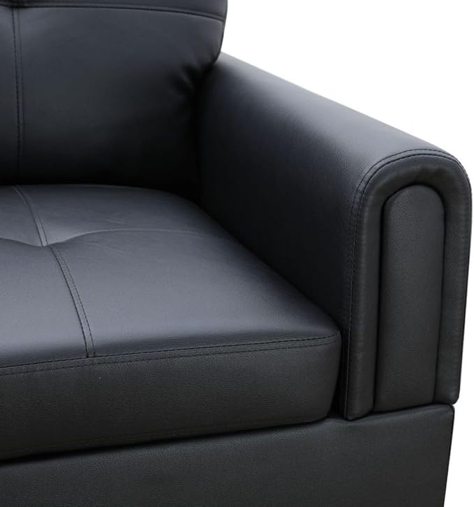Black White L-Shaped 3-Piece Faux Leather Sofa with Storage Ottoman Set, Sectional Couch Sofa Set for Living Room, Office, Small Space