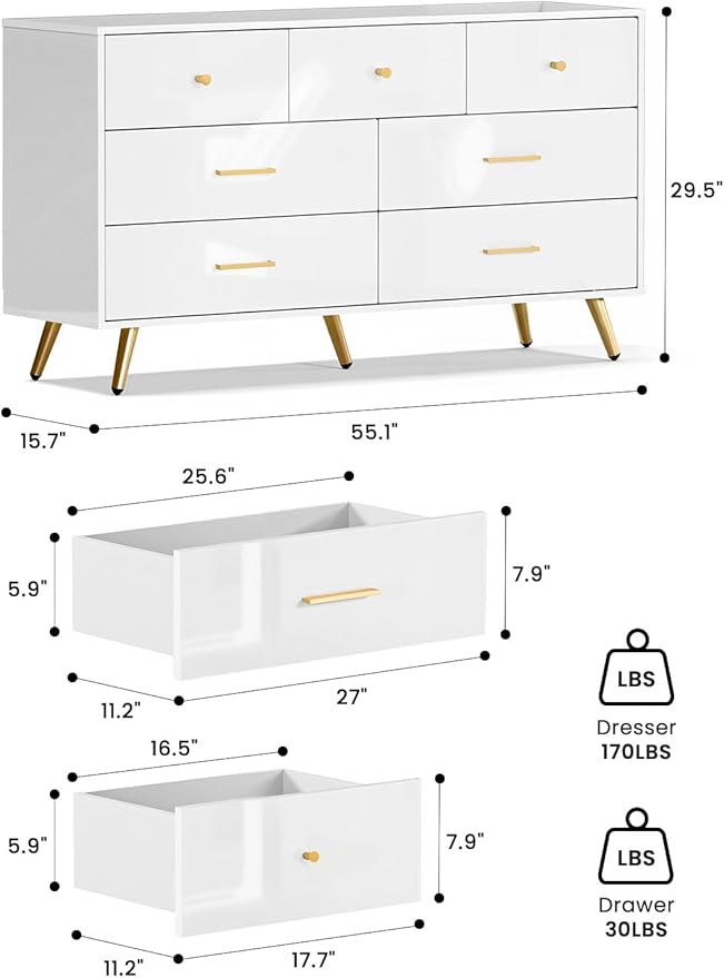 7 Drawer Dresser for Bedroom - White & Gold Chest of Drawers, High Gloss MDF Organizer Storage with Drawers with Golden Handles, Wide Storage Dresser for Bedroom