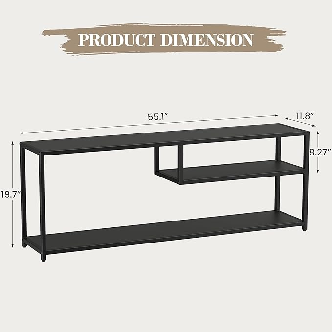 TECHMILLY Modern TV Stand for 65" TV, TV Table with Storage Shelves, Entertainment Center with Metal Frame, TV Console Table for Living Room, Bedroom, Black