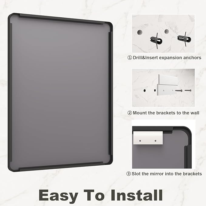 60x40 Inch Black Matte Framed Bathroom Mirror for Wall, Rounded Corner Rectangle Vanity Mirror, Tempered Glass, Anti-Rust, Shatterproof (Horizontal/Vertical)