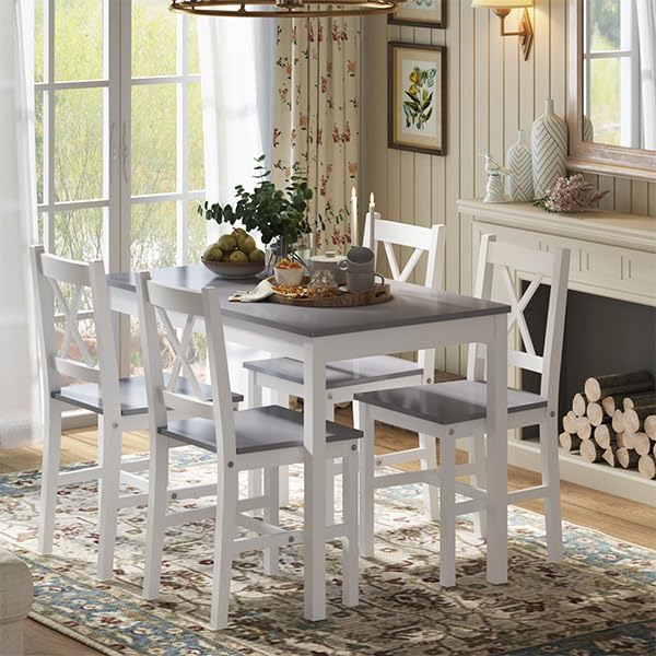 sogesfurniture 42.5''Dining Table Set for 4，Dinette Set for 4 Small Space,5 Pieces Dining Table for Kitchen, Dining Room, Pine Wood,Grey&White