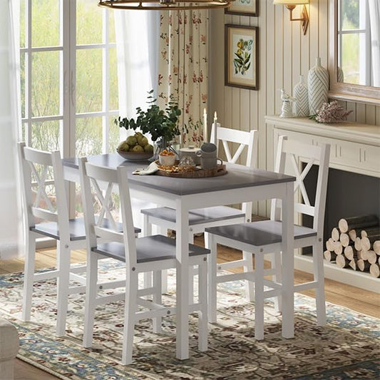 sogesfurniture 42.5''Dining Table Set for 4，Dinette Set for 4 Small Space,5 Pieces Dining Table for Kitchen, Dining Room, Pine Wood,Grey&White