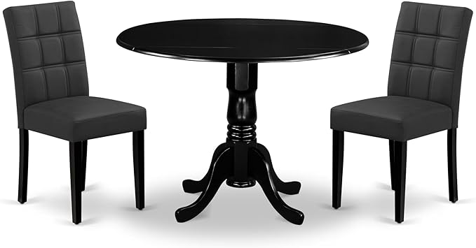 East West Furniture DLAS3-BLK-12 3 Piece Dining Table Set contain A Wood Table and 2 Dark Gray Polyester Fabric Dinner Chairs with Stylish Back- Black Finish
