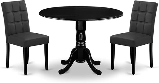 East West Furniture DLAS3-BLK-12 3 Piece Dining Table Set contain A Wood Table and 2 Dark Gray Polyester Fabric Dinner Chairs with Stylish Back- Black Finish