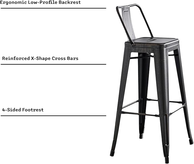 AC Pacific 30” Metal Barstool Set of 4 – Country Rustic Style with Low Back, Lightweight & Sturdy Build, Easy Assembly – Distressed Black
