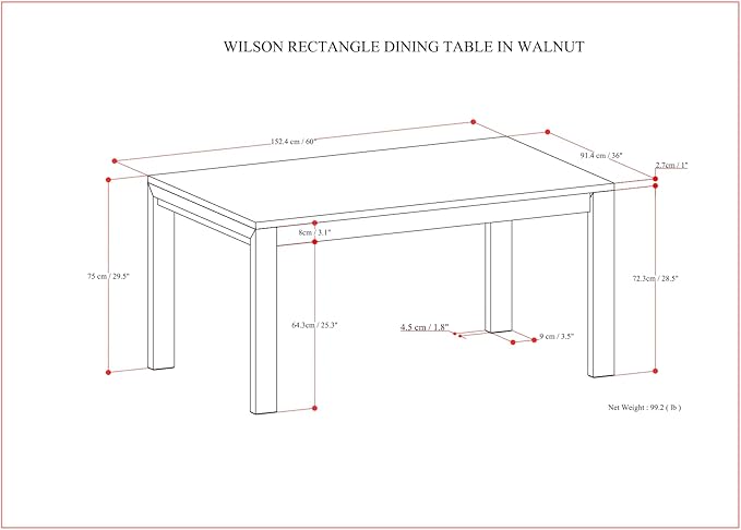 SIMPLIHOME Wilson Dining Table, Solid Wood Walnut Veneer, 60 x 36 inches, Transitional-Style Rectangular Kitchen Table for up to 6 People