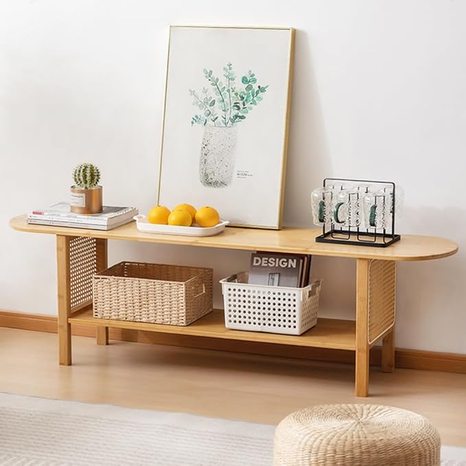 Tiita TV Stand with Storage for TVs up to 65'', Bamboo TV Console Entertainment Center with 2 Open Shelf, Mid Century Modern Media Console for Living Room, Bedroom, Wood