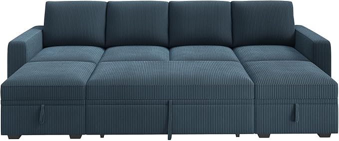 HONBAY Modular Sectional Sleeper Sofa Bed, Corduroy Pull Out Couch with Storage Ottoman, U Shaped Sectional Couches for Living Room, Blue