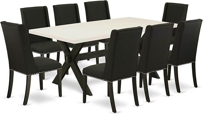 East West Furniture X627FL624-9 9 Piece Dining Room Furniture Set Includes a Rectangle Dining Table with X-Legs and 8 Black Linen Fabric Upholstered Parson Chairs, 40x72 Inch, Multi-Color