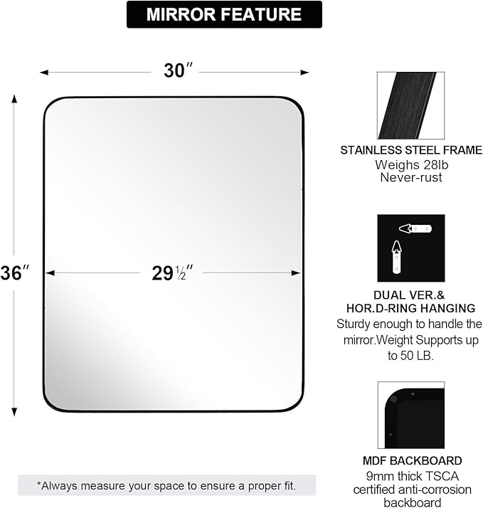 ANDY STAR Wall Mirror for Bathroom, 30x36 Matte Black Bathroom Mirror, Modern Stainless Steel Metal Frame Rounded Corner Rectangle Mirror for Vanity