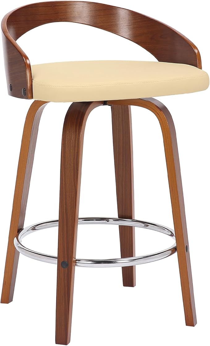 Armen Living Sonia 26" Counter Height Swivel Cream Faux Leather and Walnut Wood Bar Stool - Set of 3