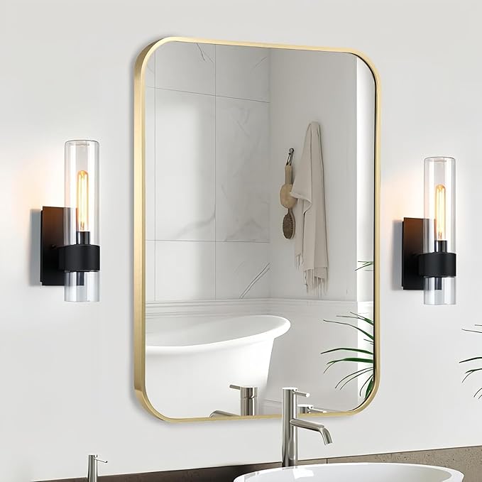 Gold Bathroom Mirror, 16x20 Inch Brushed Gold Aluminum Alloy Framed Rectangle Wall Mirror, Crystal Clear Reflection, Anti-Rust, Easy to Install Vertically or Horizontally