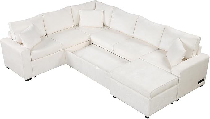 112" Luxurious Pull-out Sofa Bed Sleeper with Storage Ottoman,Sectional Sleeper Couch W/ 3 Pillows,2 USB ports & 2 Power Sockets,Corner Furniture Set for Living Room Large Space,Cream Chenille