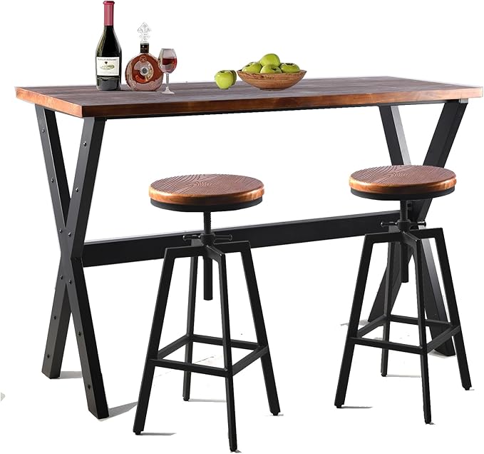 Bar Table, 47.24"L×41.33"H Bar Height Pub Table High Top Rectangular Sofa Console Table Kitchen Dining Coffee Table, for Narrow Space, Living Room, Indoor, Rustic Brown Wood, Industrial Black Metal