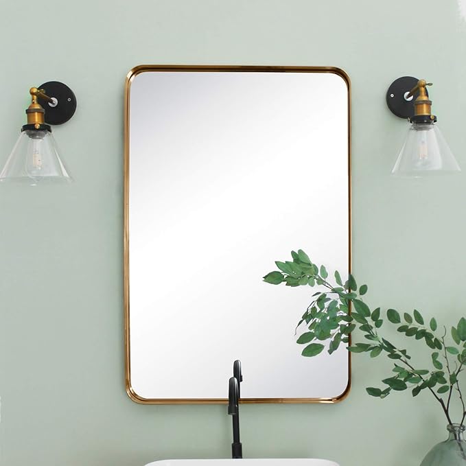 TEHOME 24x36 Brushed Gold Metal Framed Bathroom Mirror for Wall in Stainless Steel Rounded Rectangular Bathroom Vanity Mirrors Wall Mounted