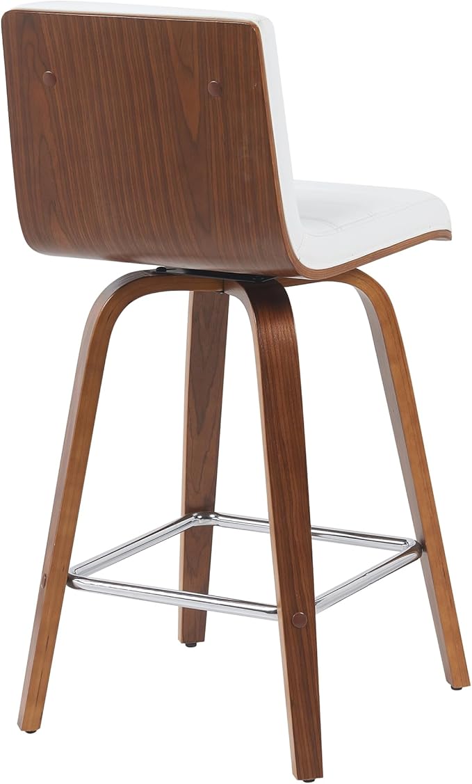 Vienna Modern Counter Height Swivel Bar Stool with Snow White Faux Leather Seat and Walnut Finished Wood Frame Set of 4