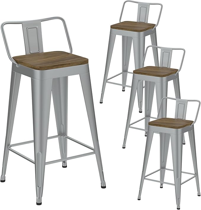 Silver Bar Stools Set of 4, Metal Bar Stools with Wooden Seat, Modern 24”Counter Height Barstools with Low Back