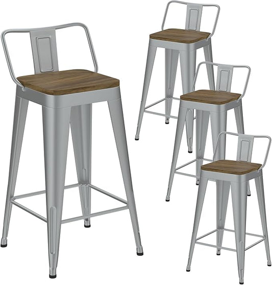 Silver Bar Stools Set of 4, Metal Bar Stools with Wooden Seat, Modern 24”Counter Height Barstools with Low Back