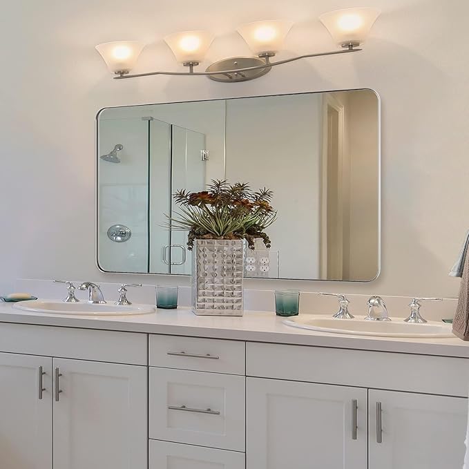 ANDY STAR Chrome Bathroom Mirror, 24”x40” Polished Nickel Rounded Corner Rectangle Mirror, Modern Metal Frame Bathroom Vanity Mirror