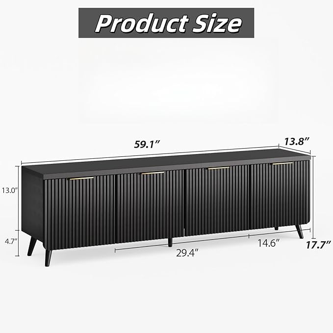 TV Stand for Living Room, Fluted Television Cabinet with 4 Stripe Doors, Modern Entertainment Center for 55/60/65 inch TV, Media Console with Wooden Legs & Metal Handles, Black