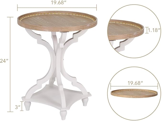 Wnutrees Farmhouse Round Accent End Table, Rustic Side Table Nightstands for Living Room, Wood Tray Top, Handcrafted Finish, White