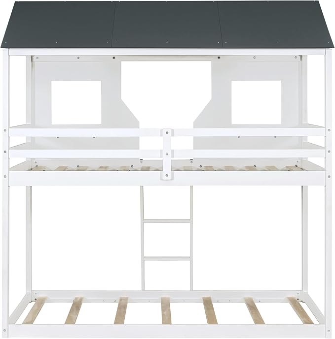 Ball & Cast Twin Over Twin Size Playhouse Bunk Bed with Roof and Window,Wood Bunkbed w/Full-Length Guard Rail & Ladder,Slat Support,Space Saving,Bedroom Furniture for Student Dorms,White