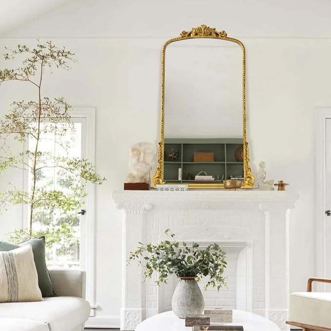 30x45'' Antiqued Gold Ornate Arched Mantel Baroque Inspired Dresser Mirror