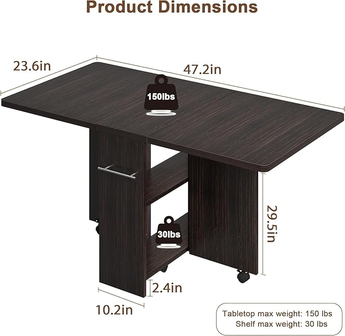 IDEALHOUSE Folding Dining Table, Drop Leaf Dining Table with 6 Wheels and 2-Layer Storage Shelf, Space Saving Dining Table for Small Spaces (Dark Walnut, 47.2" D x 23.6" W x 29.5" H)