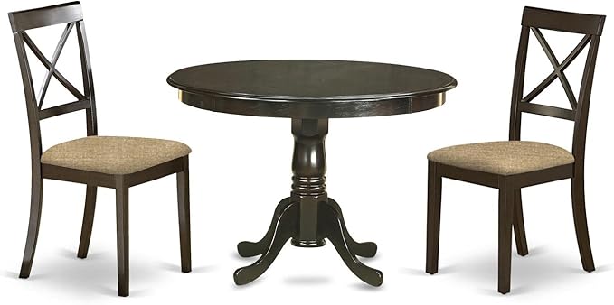 East West Furniture HLBO3-CAP-C 3 Piece Dining Table Set for Small Spaces Contains a Round Dining Room Table with Pedestal and 2 Linen Fabric Upholstered Chairs, 42x42 Inch, Cappuccino