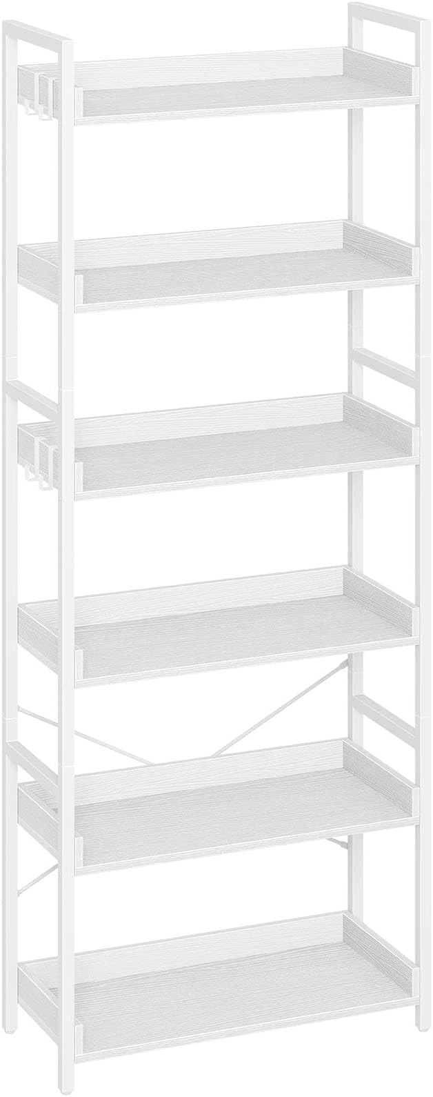 Rolanstar Bookshelf 6 Tier with 4 Hooks, Industrial Bookcase, Vintage Storage Rack with Open Shelves, Rustic Standing Bookshelves Metal Frame Display Rack for Living Room, Bedroom, White